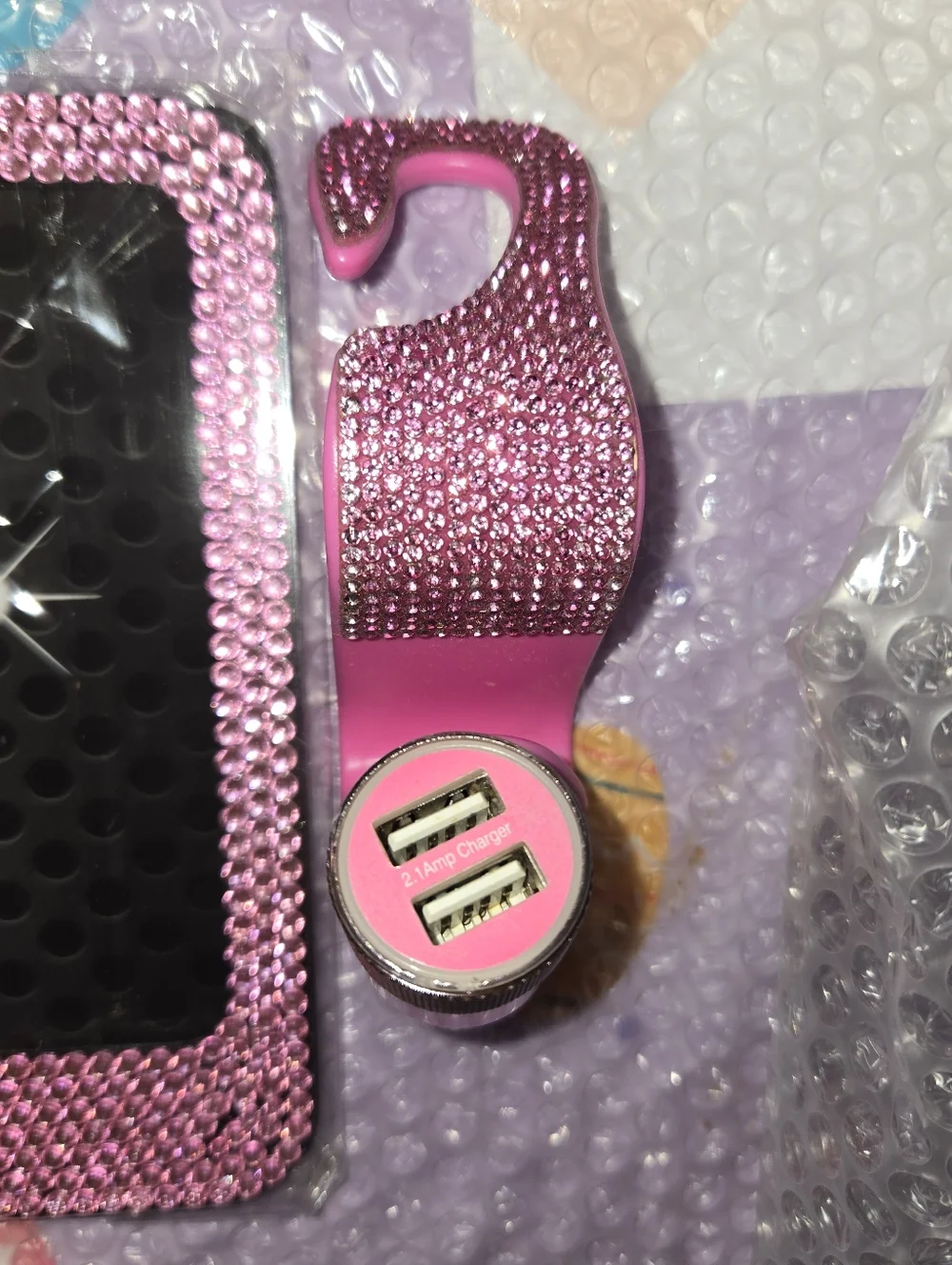 License Plate Frame Pink Rhinestone With Bag Holder And Power usb Car Plug Set